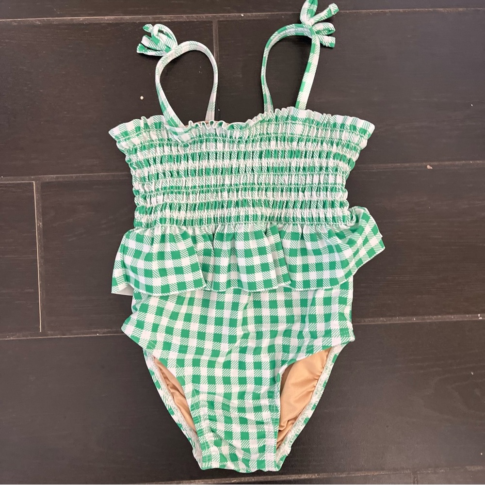 Old Navy Green and White One Piece Swimsuit with Ruffle Detail